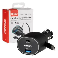 AMIO 04176 — Szybka ładowarka samochodowa ze zwijanym kablem 50W PD30W PD20W + QC3.0 USB-A US...