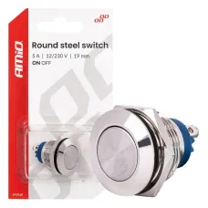 AMIO 04474 — Włącznik płaski okrągły stalowy ON/OFF 19mm 5A 12/230V AMIO-04474