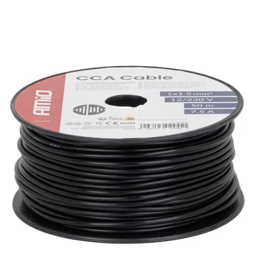 Przewód jednożyłowy czarny CCA 1x1.5mm2 50m 7.5A 12/230V AMIO-04455