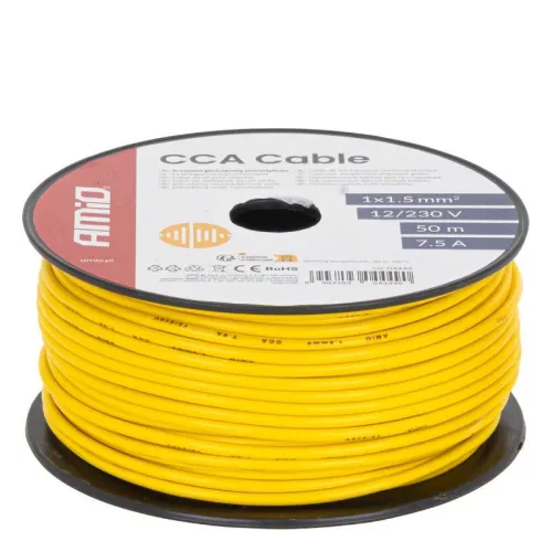 Przewód jednożyłowy żółty CCA 1x1.5mm2 50m 7.5A 12/230V AMIO-04449