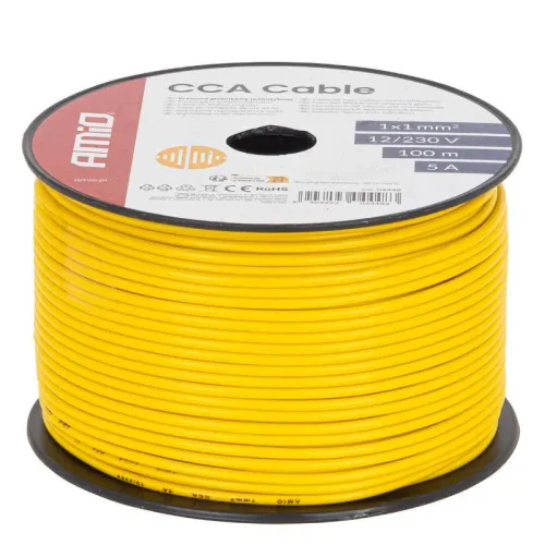 Przewód jednożyłowy żółty CCA 1x1mm2 100m 5A 12/230V AMIO-04448