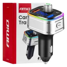 AMIO 04652 — Transmiter samochodowy FM 2×USB-A 1×USB-C microSD 12V 24V AMIO-04652