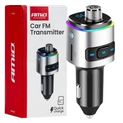 Transmiter samochodowy FM 2×USB-A microSD 12V 24V AMIO-04654