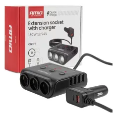 AMIO 04835 — Rozgałęźnik gniazda zapalniczki z ładowarką 4xUSB-A QC3.0 PD 3.0 180 W AMIO-0483...