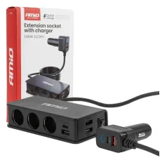 AMIO 04836 — Rozdzielacz gniazda zapalniczki z ładowarką 3xUSB-A USB-C QC 3.0 PD 3.0. 148W AM...