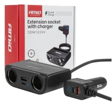 AMIO 04837 — Rozdzielacz gniazda zapalniczki z ładowarką USB-C USB-A QC3.0 PD3.0 120W AMIO-04...