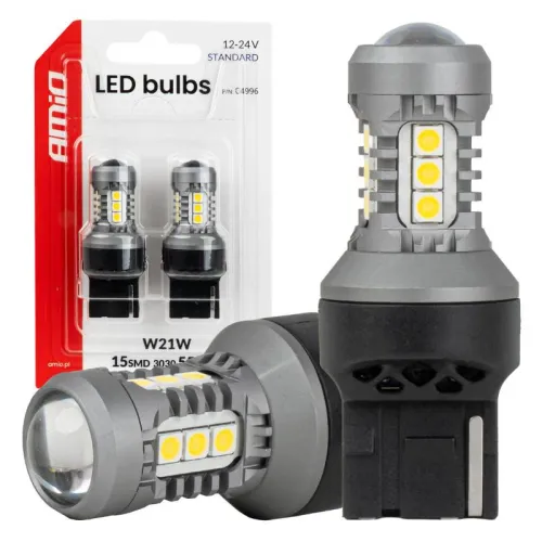 Żarówki LED STANDARD 7440 W21W 3030 15SMD białe 12V 24V AMIO-04996