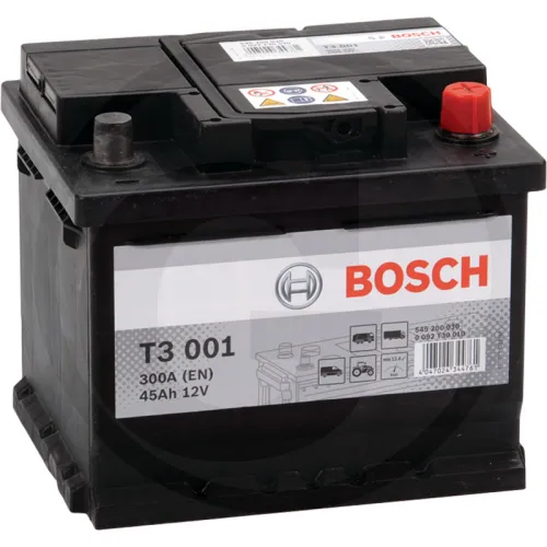 Akumulator T3 001 12 V / 45 Ah technologia hybrydowa SLI; wapń / wapń; możliwość napełnienia wodą Zestawienie ogólne Akumulatory BOSCH