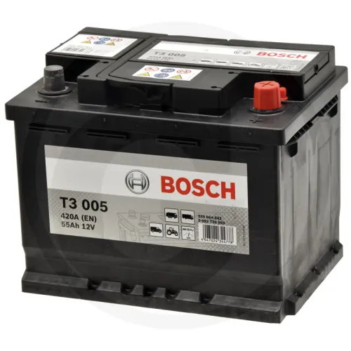 Akumulator T3 005 12 V / 55 Ah technologia hybrydowa SLI; wapń / wapń; możliwość napełnienia wodą Zestawienie ogólne Akumulatory BOSCH