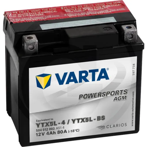 Akumulator POWERSPORTS AGM 12 V / 4 Ah Akumulator rozruchowy, ładowany na sucho, z kwasem, bezobsługowy Zestawienie ogólne Akumulatory VARTA