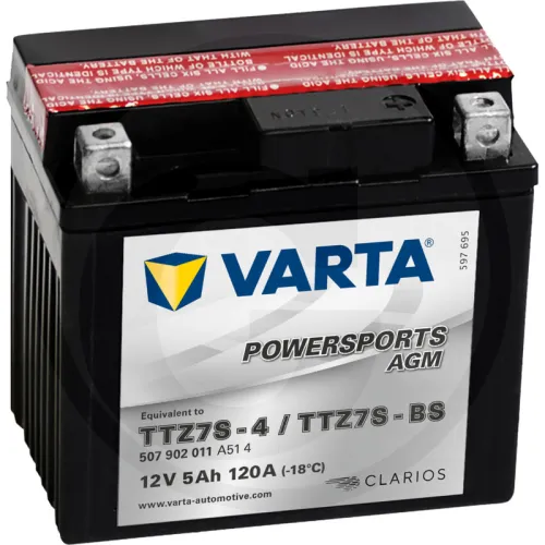 Akumulator POWERSPORTS AGM 12 V / 5 Ah Akumulator rozruchowy, ładowany na sucho, z kwasem, bezobsługowy Zestawienie ogólne Akumulatory VARTA