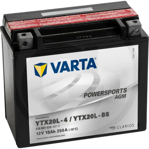 Akumulator POWERSPORTS AGM 12 V / 18 Ah Akumulator rozruchowy, ładowany na sucho, z kwasem, bezobsługowy Zestawienie ogólne Akumulatory VARTA