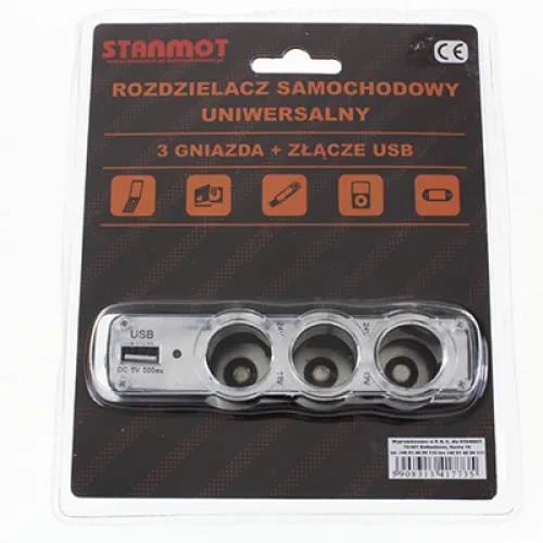 ROZGAŁĘŹNIK DO ZAPALNICZKI - 3 GNIAZDA + 1 GNIAZDO USB