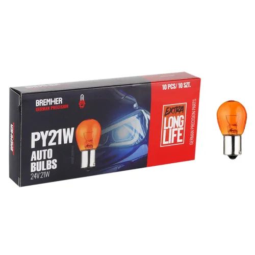 ŻARÓWKA PY21W, 24V, 21W BAU15S, AMBER, HOMOLOGACJA, KPL. 10SZT.
