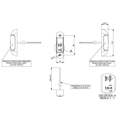 LAMPA OBRYSOWA BIAŁO-CZERWONA DIODOWA 12/24V