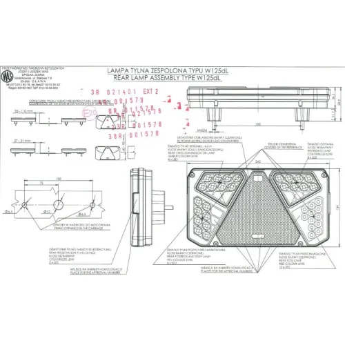 LAMPA TYLNA ZESP. 5-SEGM. LEWA, DIODOWA Z PRZEWODEM 200CM, ŚWIATŁO PRZECIW.+COF.